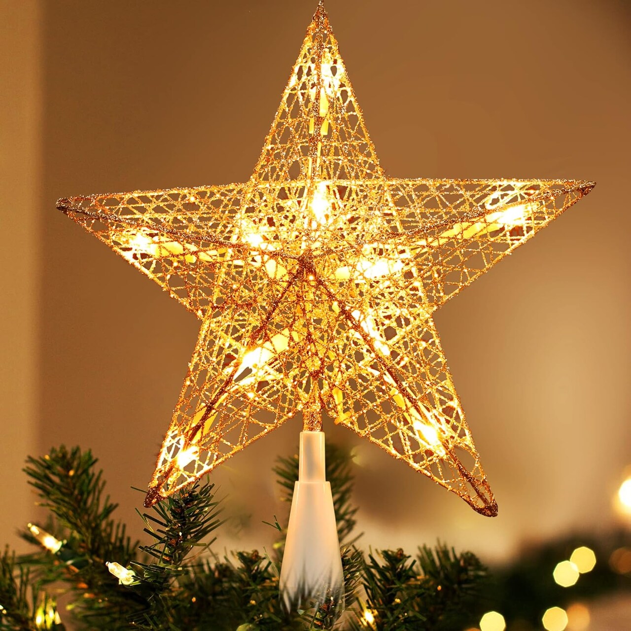Gold Christmas Tree Topper, 9“ Hollow-Out Star Tree Topper with 10 Warm White Lights, Pre-lit 5 Point